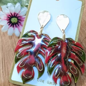 Arete hoja Madera Grande Vitral (Rojo y Verde)