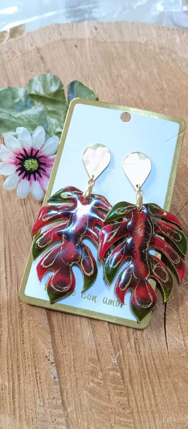 Arete hoja Madera Grande Vitral (Rojo y Verde)