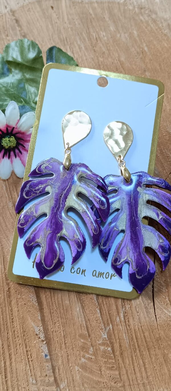 Arete hoja Madera Grande Vitral (Morado)