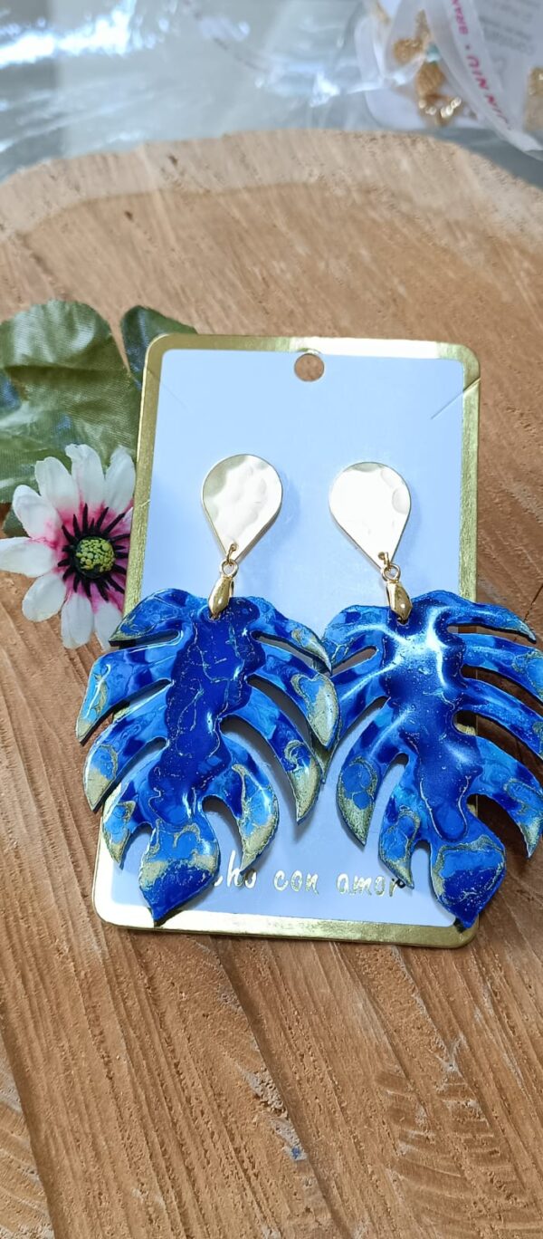 Arete hoja Madera Grande Vitral (Azul)